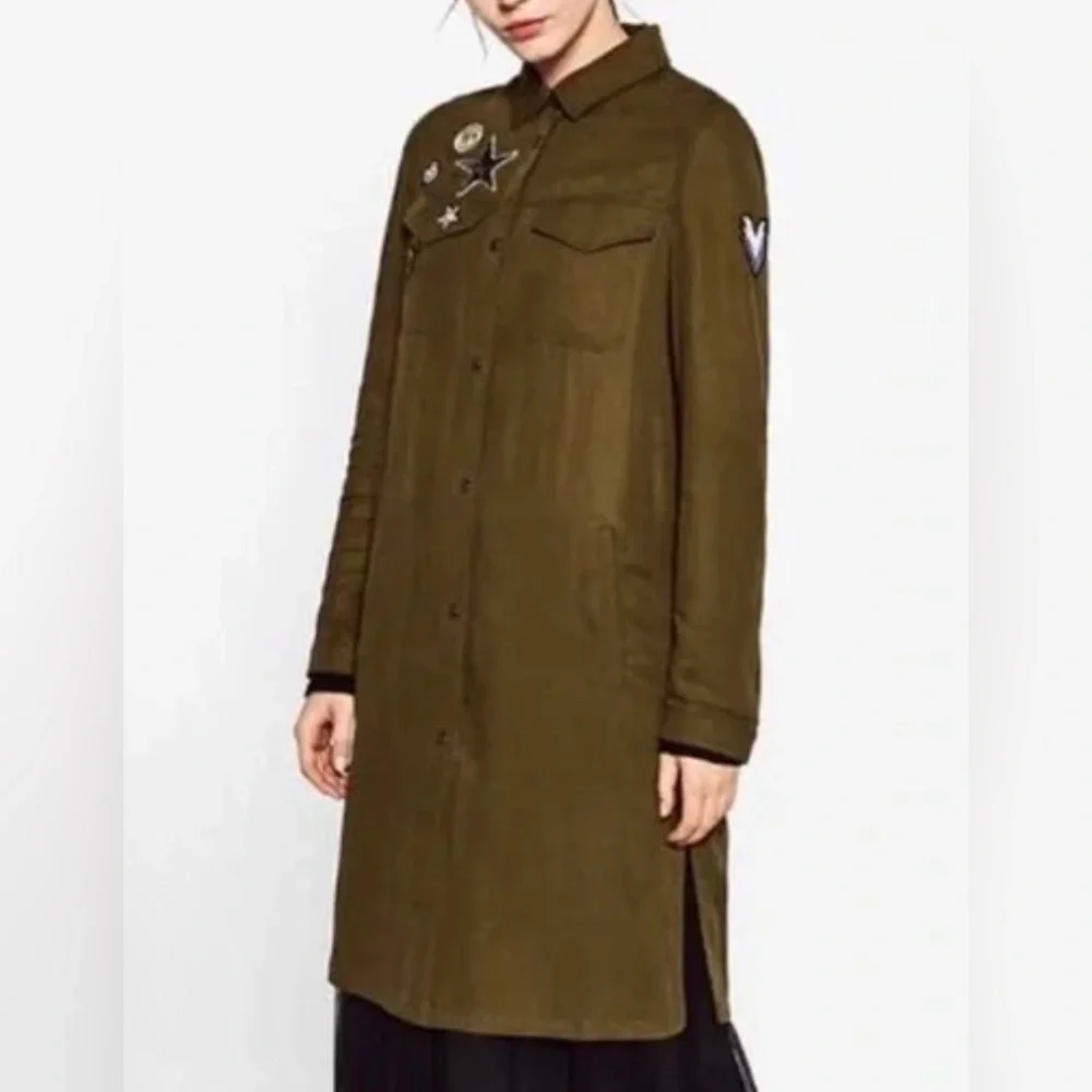 Zara Army Green Long Snap-Down Patchwork Jacket - Size S - Picture 2 of 9